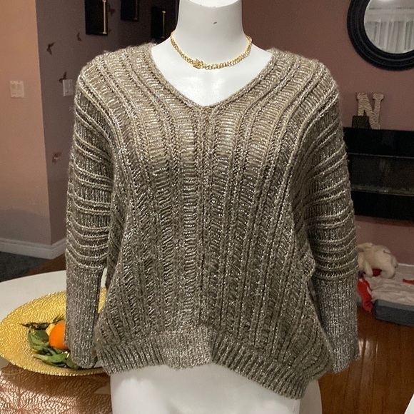 Costa Blanca Poncho Sweater Top Sz L Brown Boat Neck Knit Crochet wool blend - Picture 2 of 12